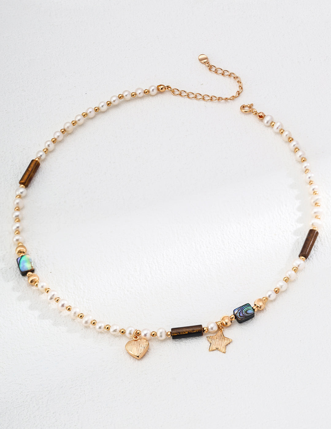 Natural Pearl Necklace with Tiger Eye, Abalone Shell, and S925 Silver Heart & Star Charms