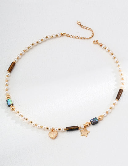 Natural Pearl Necklace with Tiger Eye, Abalone Shell, and S925 Silver Heart & Star Charms