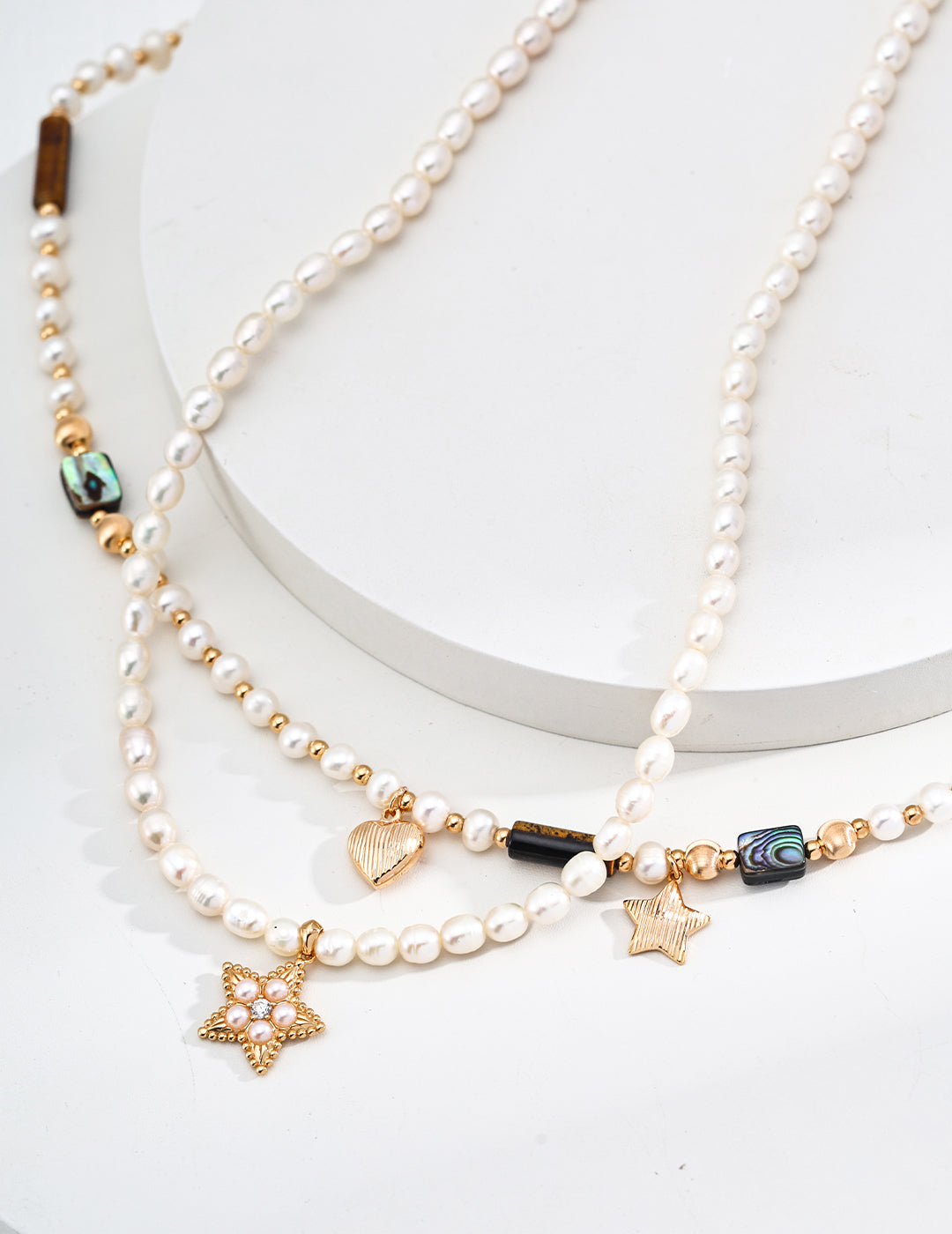 Natural Pearl Necklace with Tiger Eye, Abalone Shell, and S925 Silver Heart & Star Charms