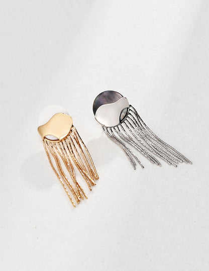 Elegant Round Shell and Sterling Silver Tassel Earrings