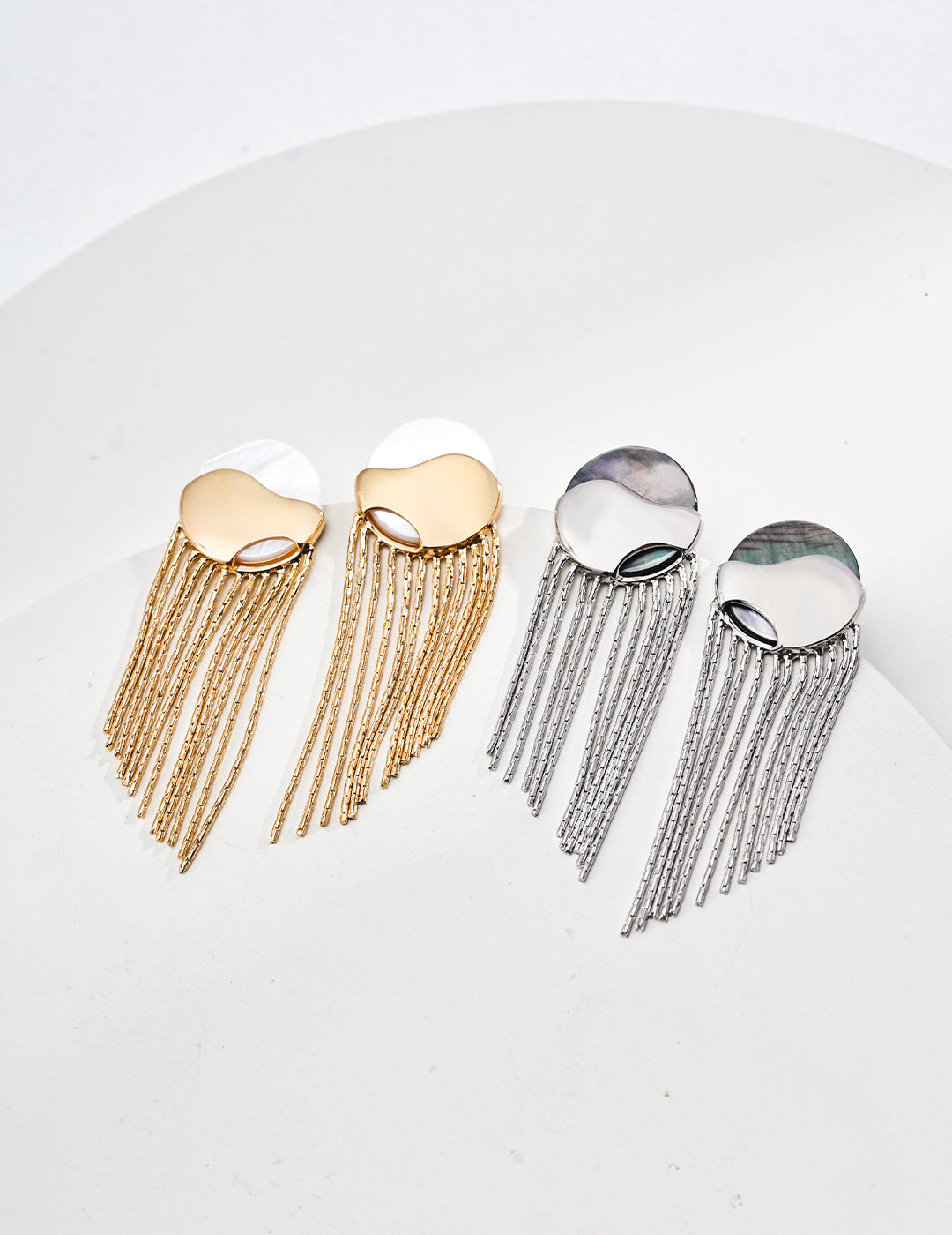 Elegant Round Shell and Sterling Silver Tassel Earrings