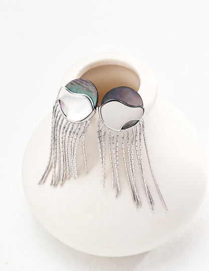 Elegant Round Shell and Sterling Silver Tassel Earrings