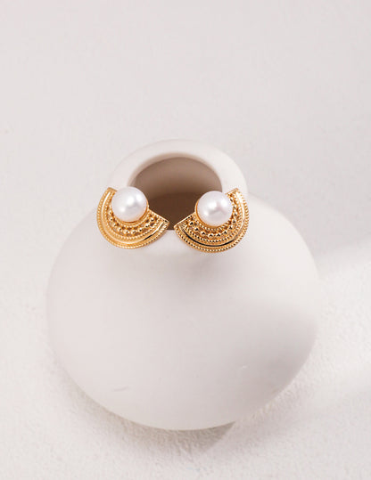 Vintage Gold Fan-shaped Hollow Sterling Silver Pearl Earrings