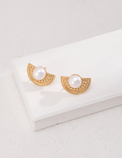 Vintage Gold Fan-shaped Hollow Sterling Silver Pearl Earrings