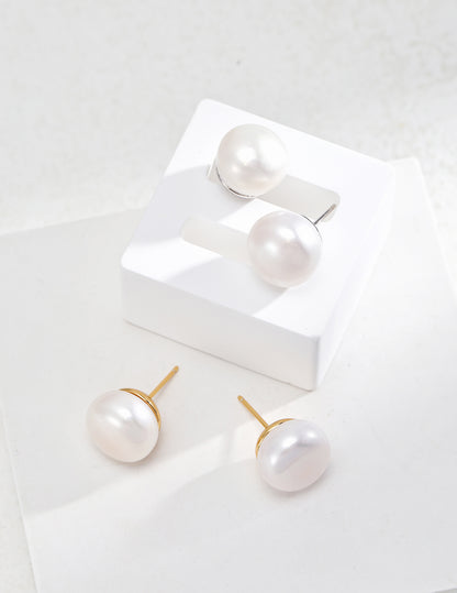 Sterling Silver Pearl Stud Earrings with 12mm Flat Round Pearls