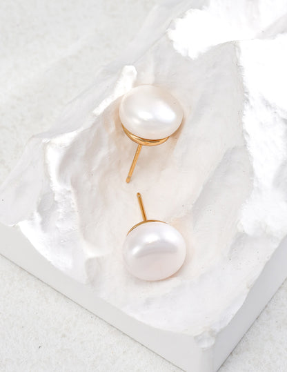 Sterling Silver Pearl Stud Earrings with 12mm Flat Round Pearls