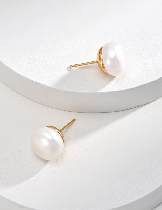 Sterling Silver Pearl Stud Earrings with 12mm Flat Round Pearls