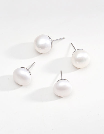 Sterling Silver Pearl Stud Earrings with 12mm Flat Round Pearls