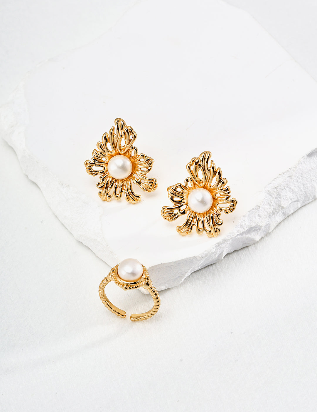 Gold-Plated Sterling Silver Flower Earrings with Pearl Center