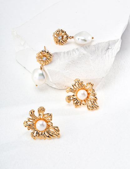 Gold-Plated Sterling Silver Flower Earrings with Pearl Center