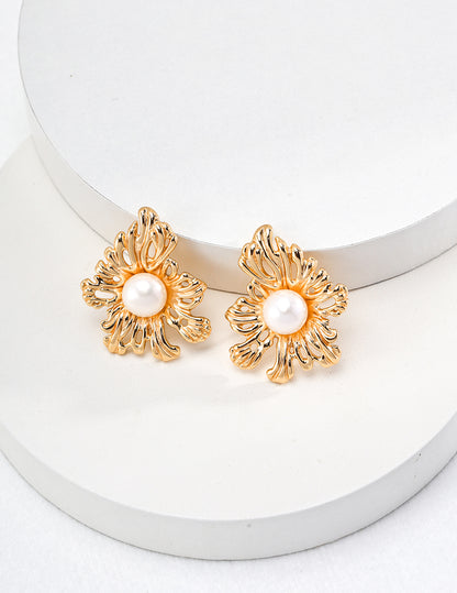 Gold-Plated Sterling Silver Flower Earrings with Pearl Center