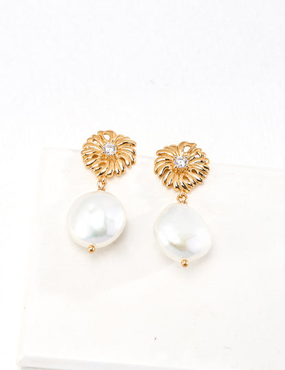 Wedding Jewelry-Sterling Silver Floral Design Earrings  Pearl Drop