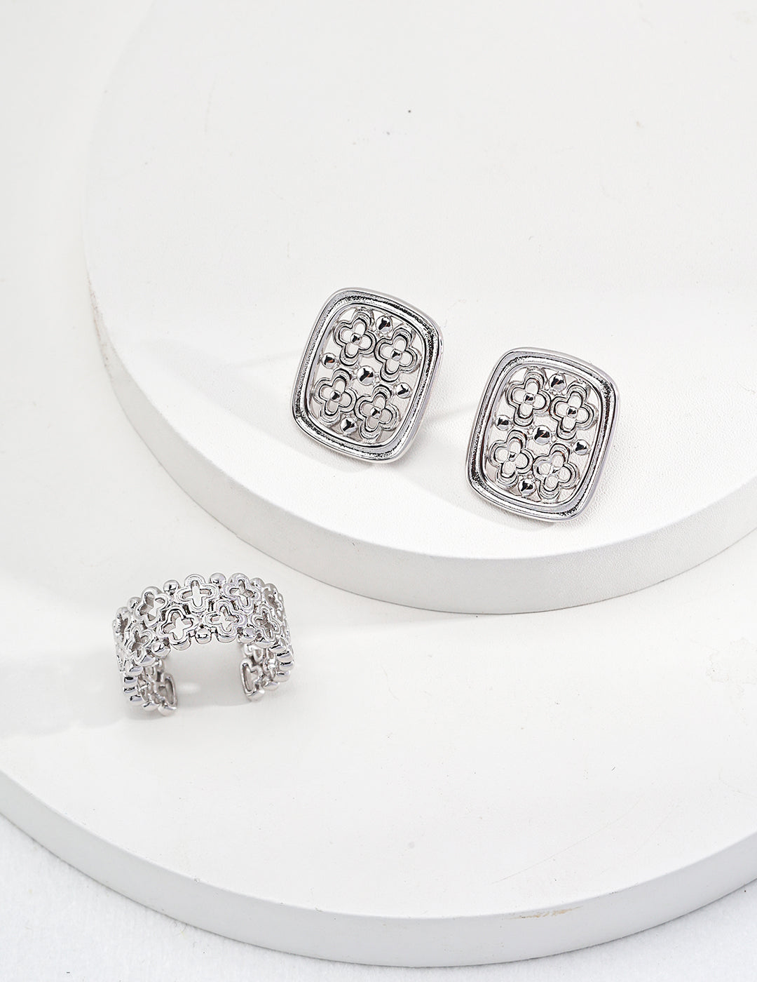 Sterling Silver Rectangular Earrings with Intricate Hollow Carvings
