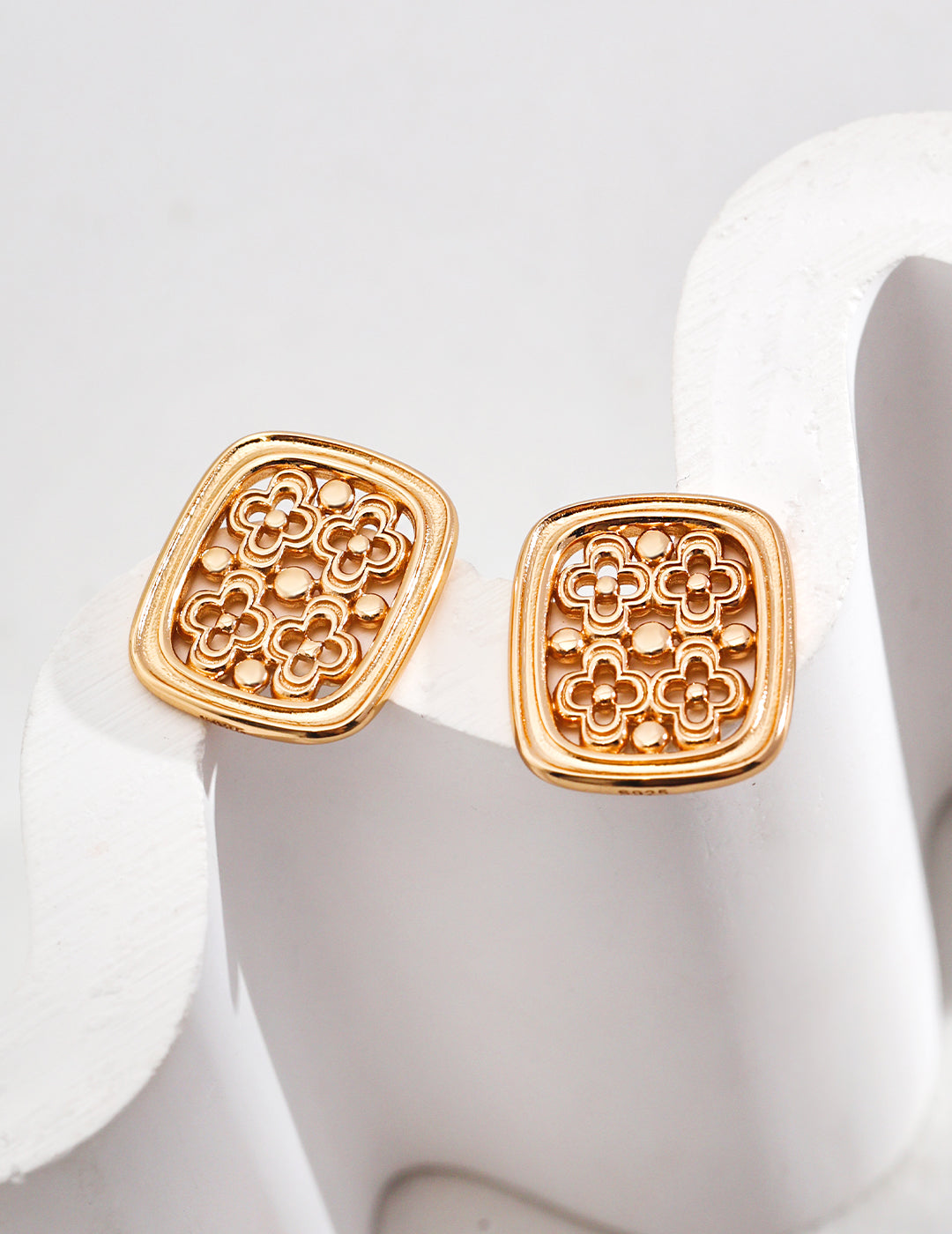 Sterling Silver Rectangular Earrings with Intricate Hollow Carvings