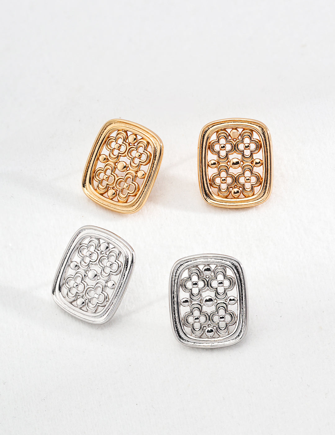Sterling Silver Rectangular Earrings with Intricate Hollow Carvings