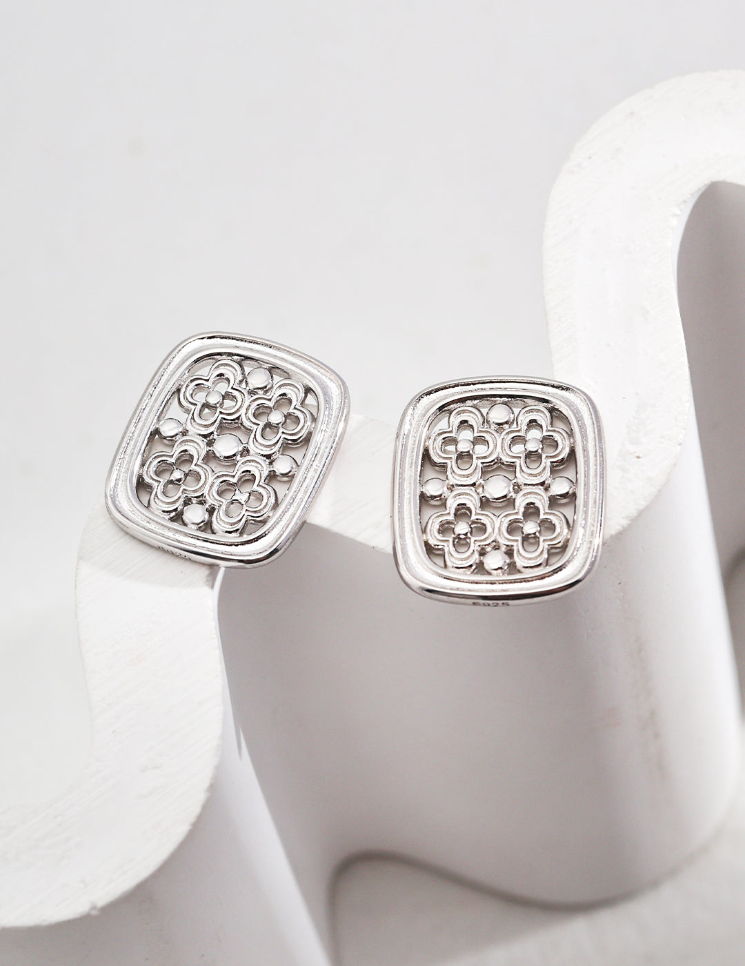 Sterling Silver Rectangular Earrings with Intricate Hollow Carvings