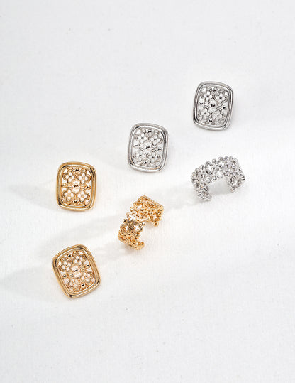 Sterling Silver Rectangular Earrings with Intricate Hollow Carvings