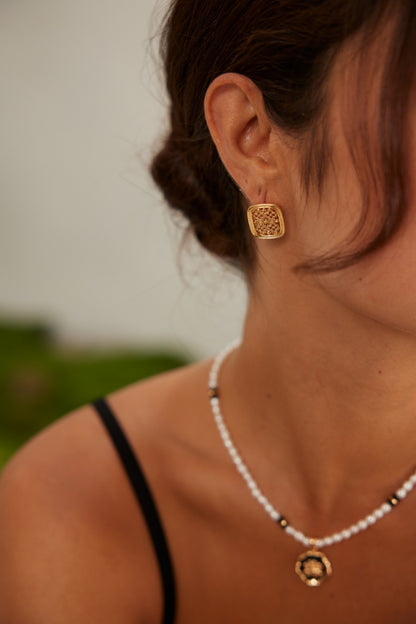 Sterling Silver Rectangular Earrings with Intricate Hollow Carvings