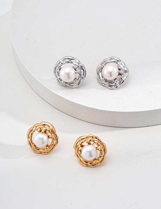 Gold and Silver Pearl Earrings with Organic Openwork Design