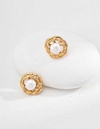 Gold and Silver Pearl Earrings with Organic Openwork Design