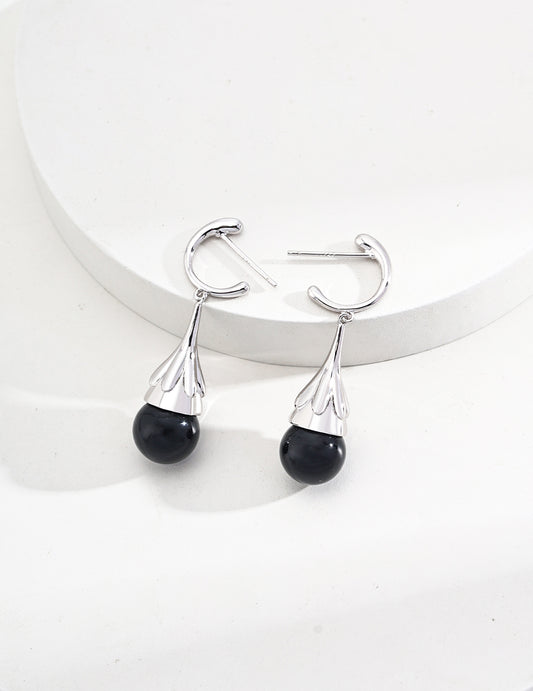 Sterling Silver Teardrop Black Agate/Tiger's Eye Earrings