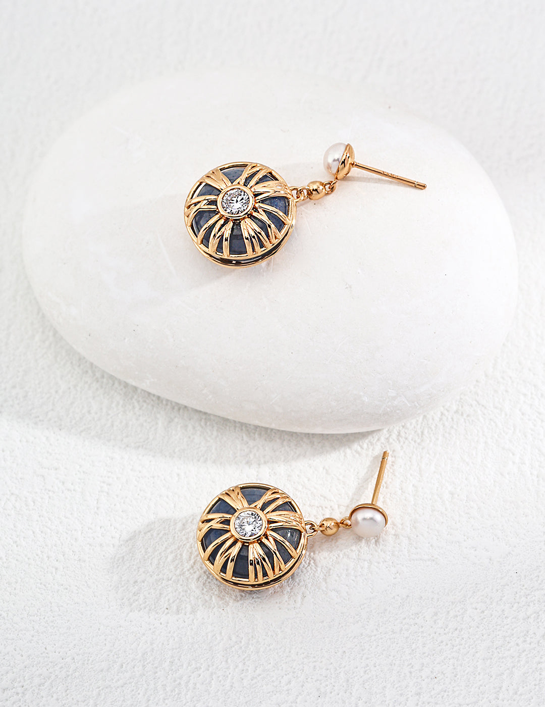 Black  Earrings with Gold-Plated Silver Lines and Zircon