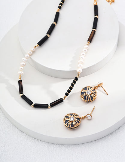 Black  Earrings with Gold-Plated Silver Lines and Zircon