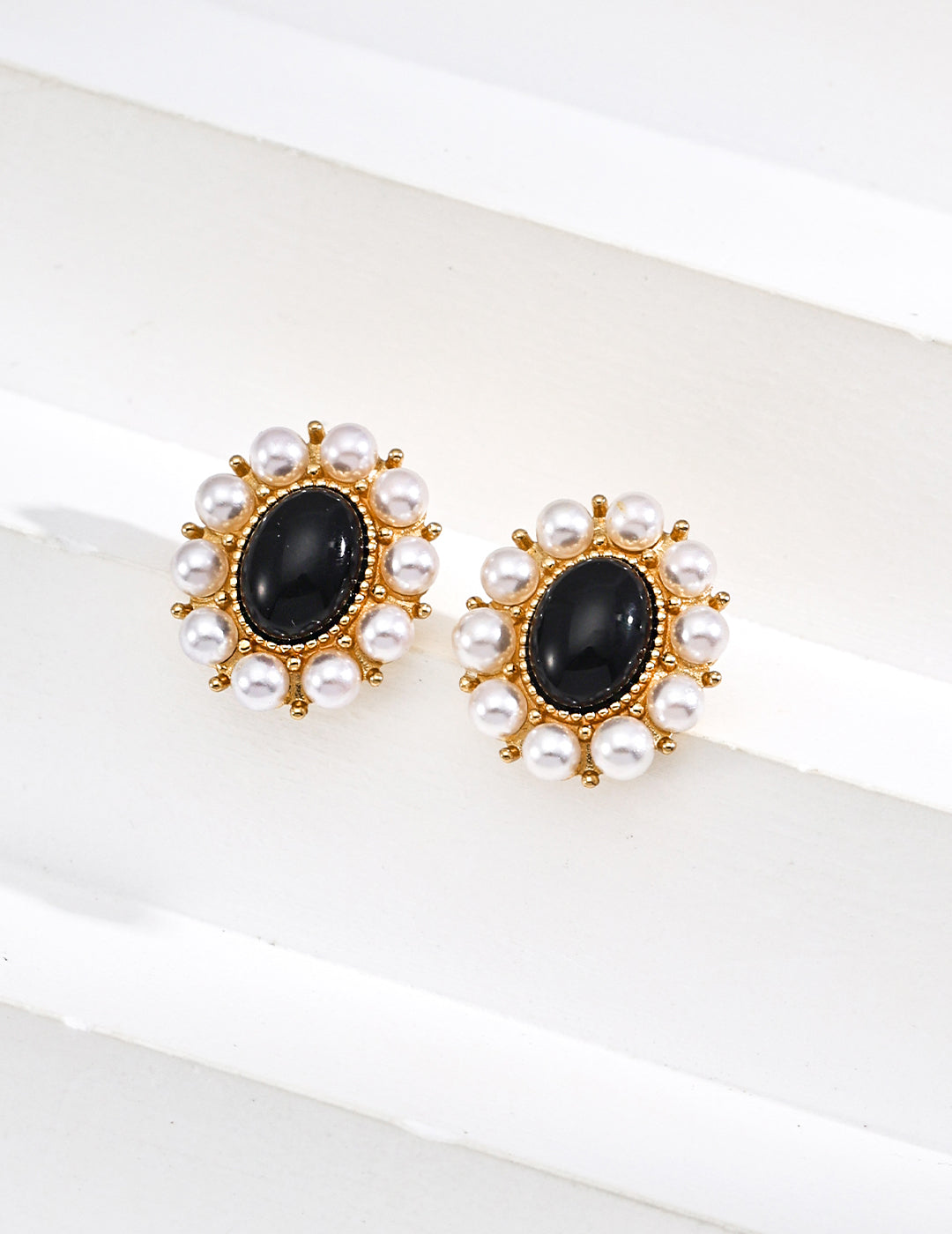 Timeless Black Onyx and Pearl Cluster Earrings in 925 Sterling Silver