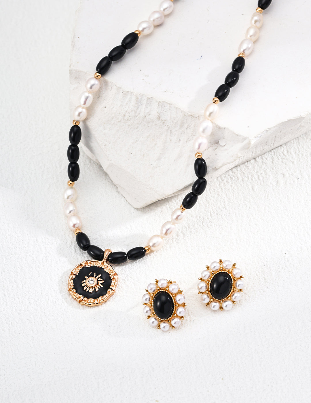 Sterling Silver Pearl Necklace with Black Onyx and Zircon Enamel Pendant