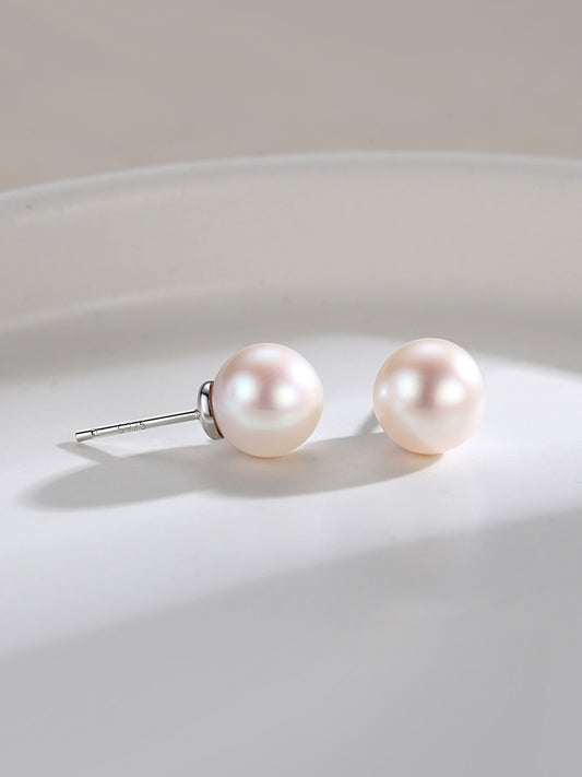 Sterling Silver Pearl Stud Earrings with 10mm Round Pearls