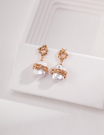 Unique Baroque Pearl Earrings with Golden Textured Wraps