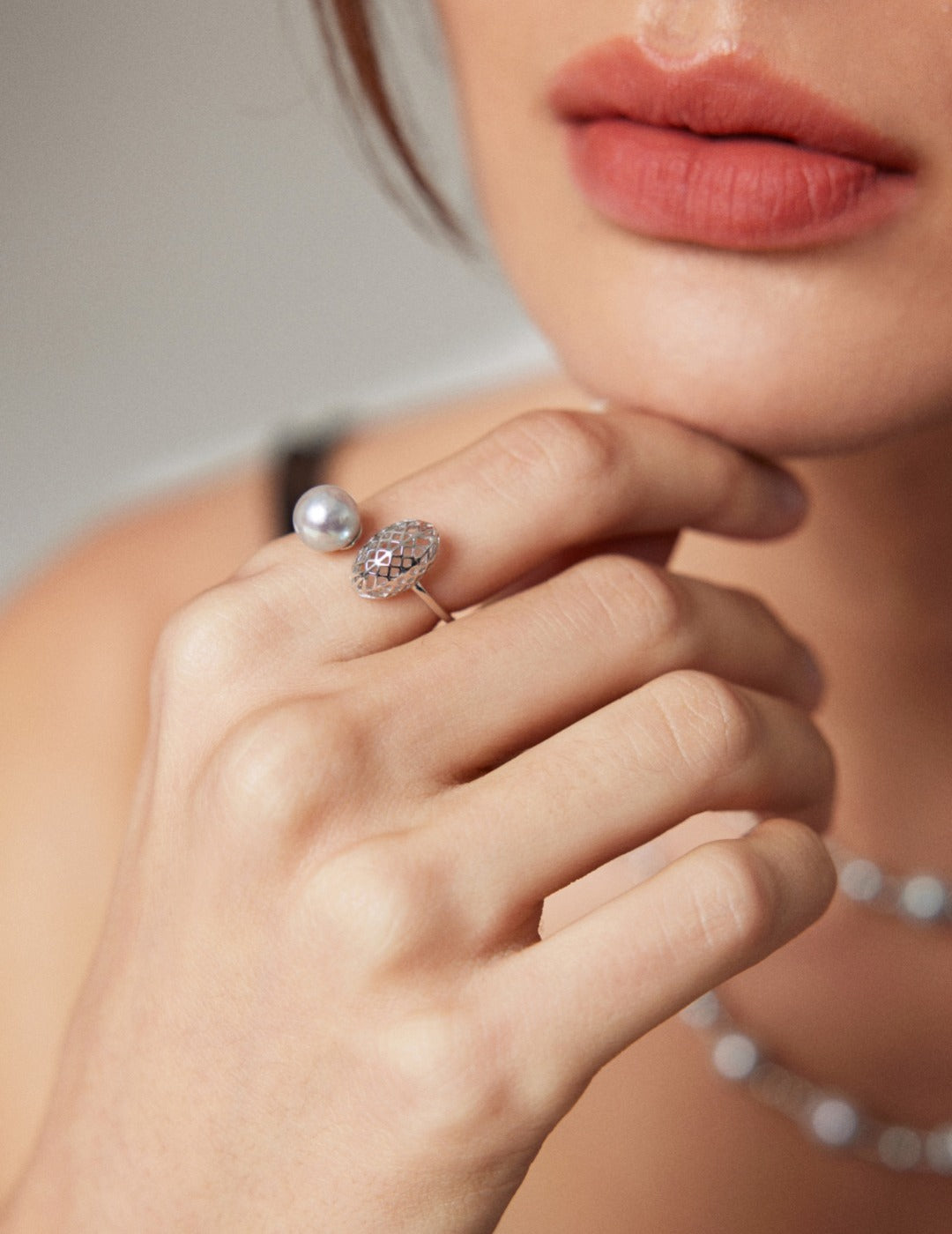 Pearl Ring Silver Grey Color Akoya Pearls