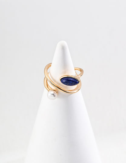 S925 Silver Simple Natural Pearl and Lapis Lazuli Ring