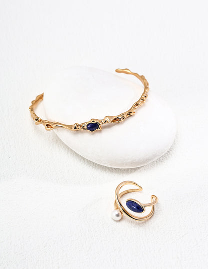 S925 Silver Simple Natural Pearl and Lapis Lazuli Ring