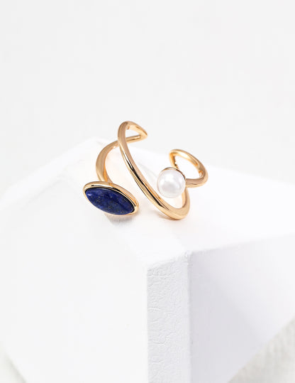 S925 Silver Simple Natural Pearl and Lapis Lazuli Ring