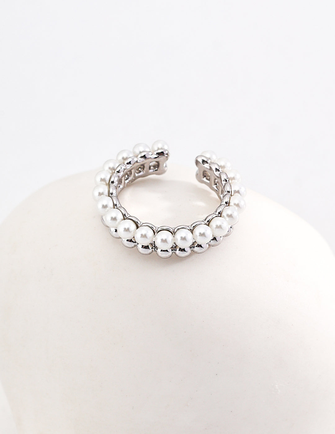 Trendy INS Style Half Pearl Half Silver Beaded Ring