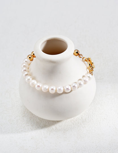 Half-Pearl Half-Gold Beaded Bracelet with OT Clasp