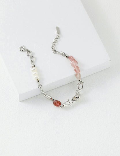 Strawberry Crystal Sterling Silver Pearl Bracelet