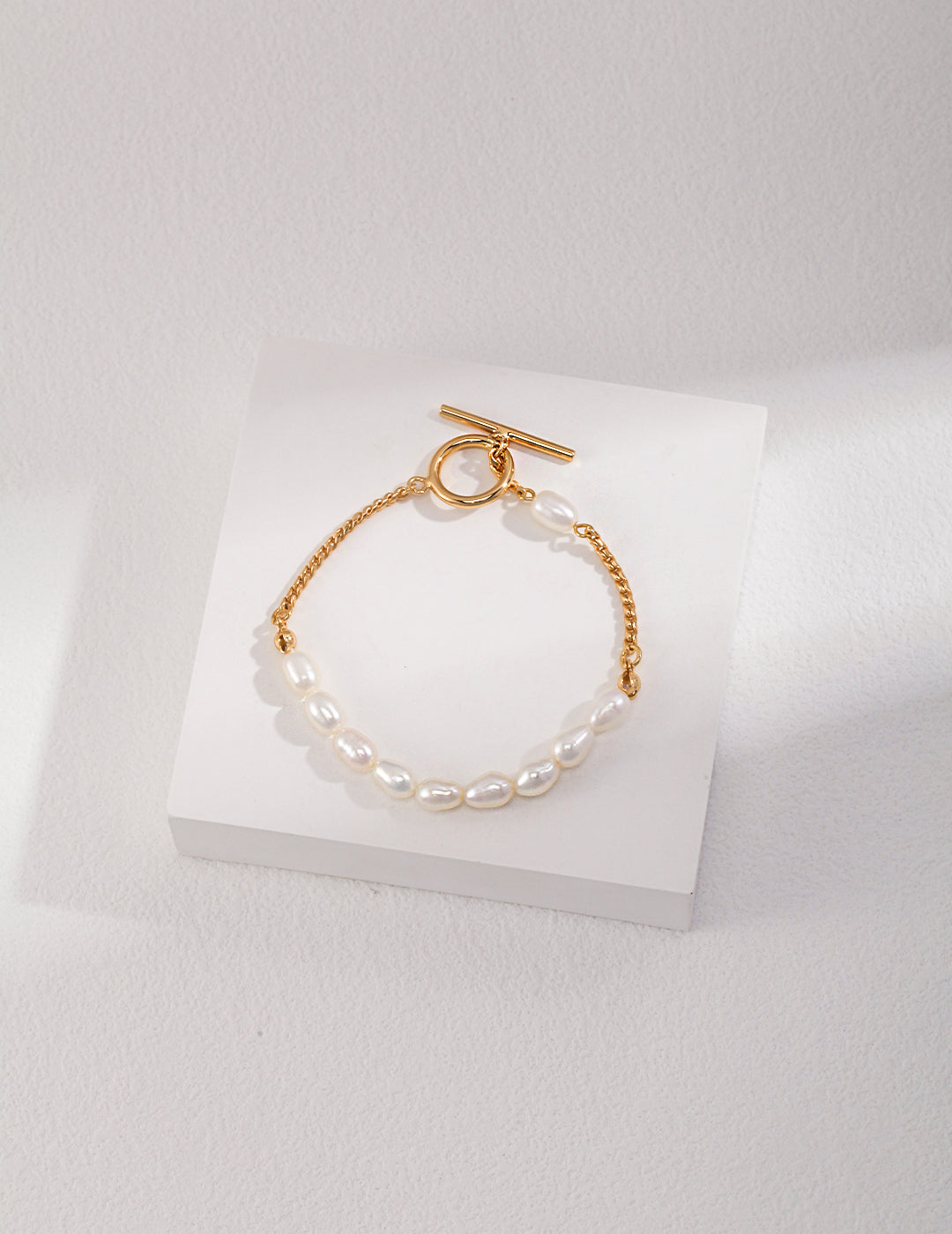 Half Sterling Silver Chian Half Pearl Braclet with OT Clasp