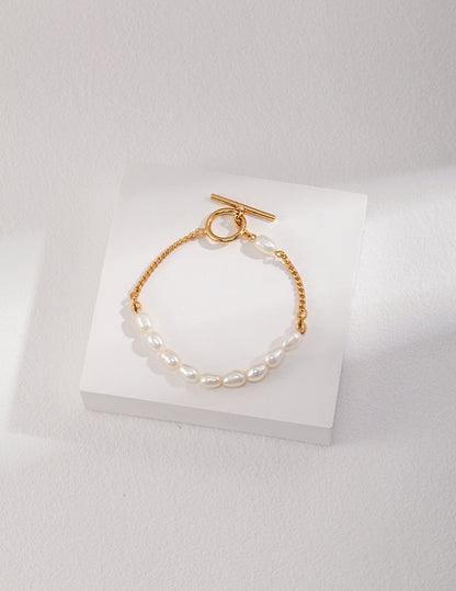 Half Sterling Silver Chian Half Pearl Braclet with OT Clasp