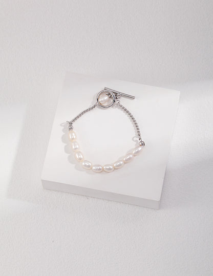 Half Sterling Silver Chian Half Pearl Braclet with OT Clasp