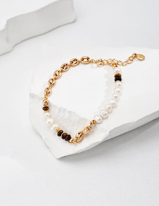 Sterling Silver Tiger's Eye Stone Pearl Bracelet