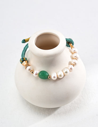 Green Aventurine and Pearl Bracelet with Gold Accents