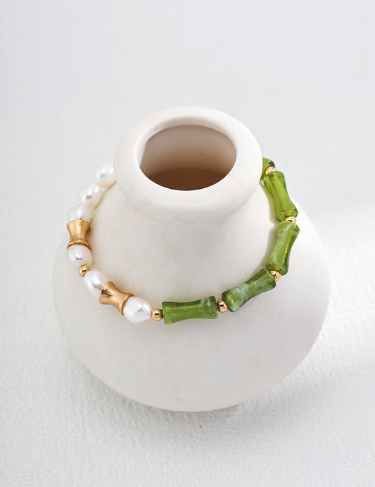 Elegant Resin Green Bamboo and Pearl Bracelet