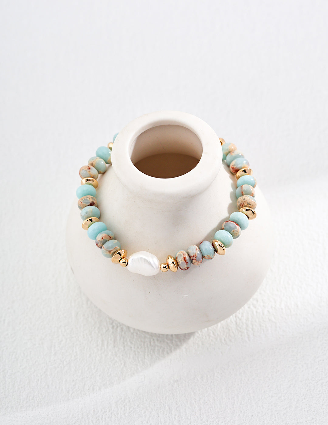 Handcrafted Amazonite Bracelet with Baroque Pearl and Gold Accents