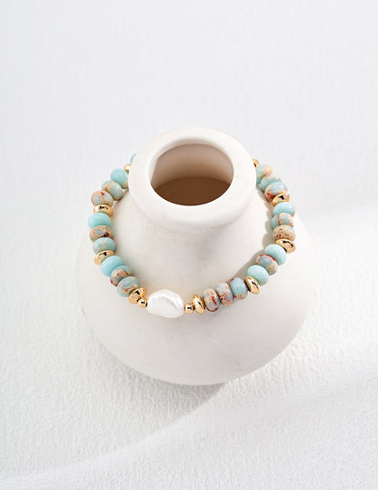 Handcrafted Amazonite Bracelet with Baroque Pearl and Gold Accents