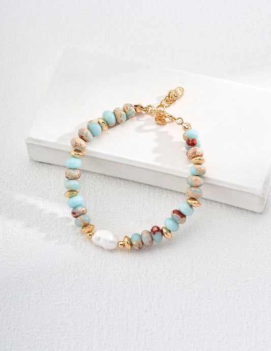 Handcrafted Amazonite Bracelet with Baroque Pearl and Gold Accents