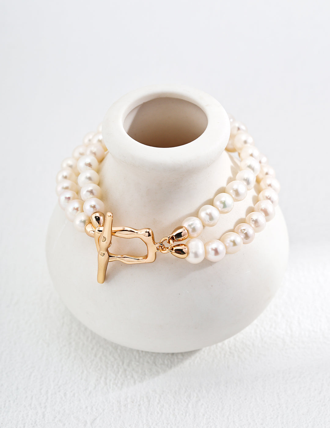 Sterling Silver Double-Layer Nature Pearl Bracelet With Gold Buckle