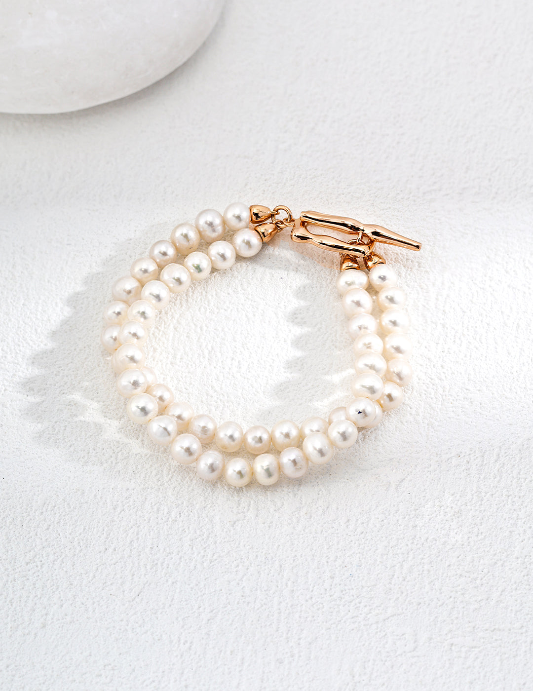 Sterling Silver Double-Layer Nature Pearl Bracelet With Gold Buckle