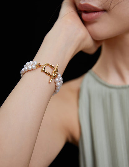 Sterling Silver Double-Layer Nature Pearl Bracelet With Gold Buckle